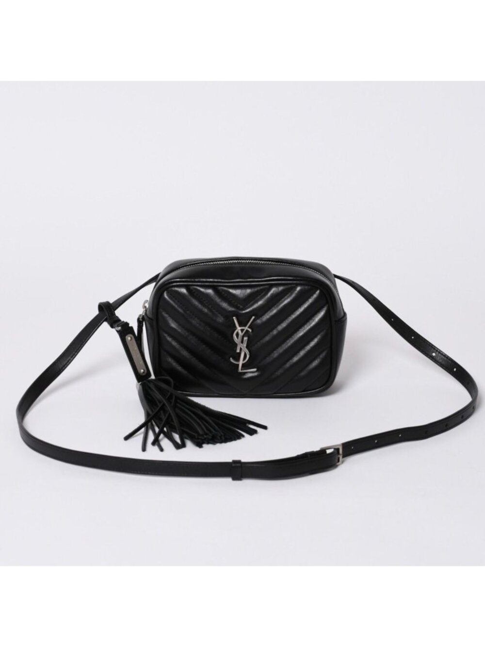 Saint Laurent Shoulder Bag V-stitch Fringe YSL Logo Black Calfskin